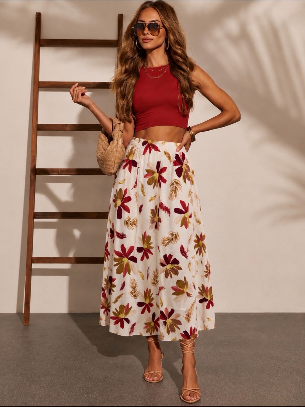 TRUTH By Republic Cream Floral Midi Skirt with Red & Brown Accents XS/TP
